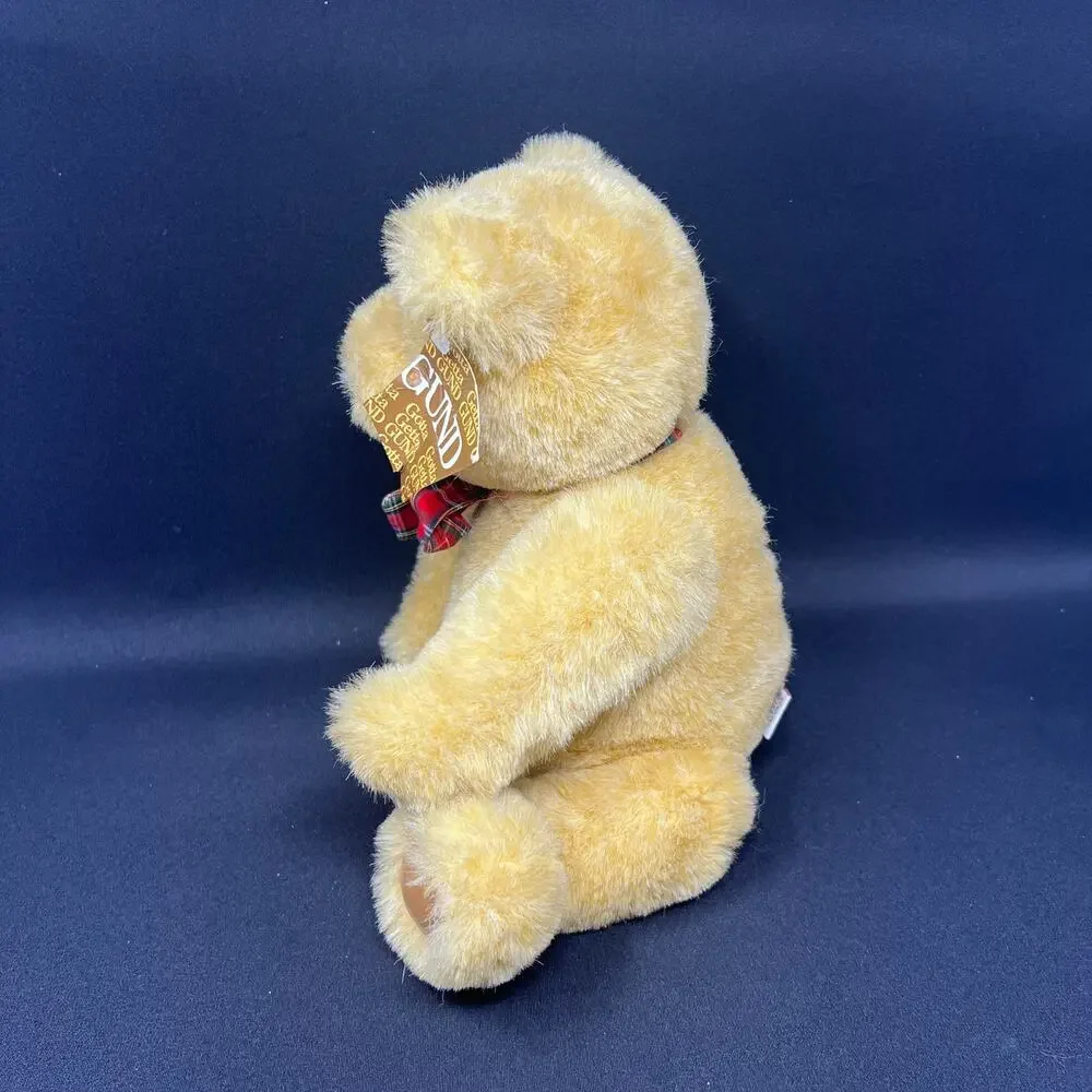 Gund Bear Plush 1982 Plaid Red Bow Seated‎ Tan Brown Jointed Teddy Vintage